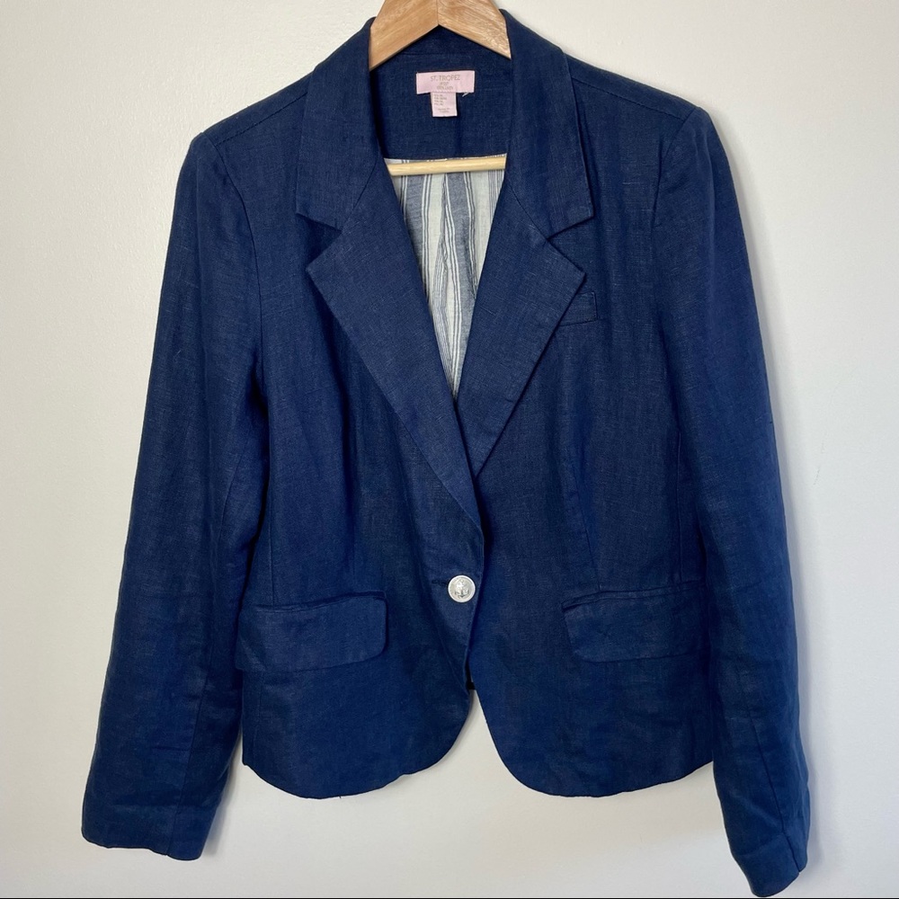 St. Tropez West Navy Blue Linen Blazer, Lined